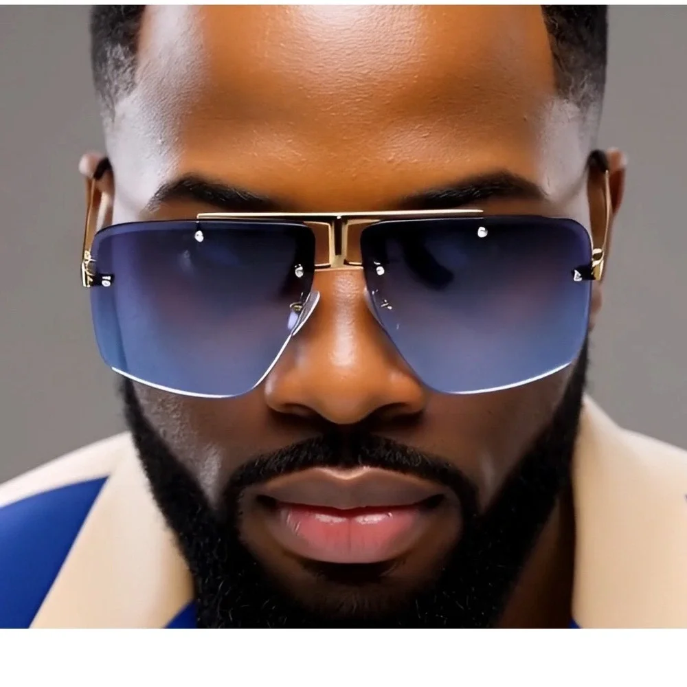 Men Rimless Square‎ Sunglasses Gradient Blue Lens Gold Frame Oversized Fashion